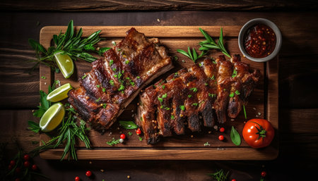 grilled ribs with herbs and spices on a wooden board, top viewの素材