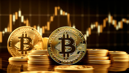 Bitcoin gold coin with stock market chart background. 3D illustration.の素材