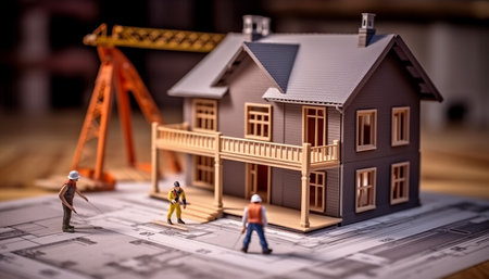 Miniature people : Construction worker and engineer with house model at construction siteの素材