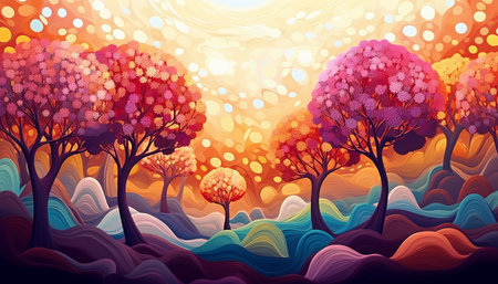Autumn forest landscape with trees, grass and sunset. Vector illustration.の素材