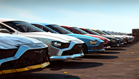 Cars lined up in a row on a parking lot. Selective focus.の素材