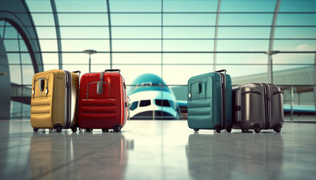 Group of colorful travel suitcases at airport terminal. 3D renderingの素材