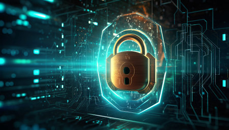 Cyber security theme with padlock on circuit board 3D renderingの素材