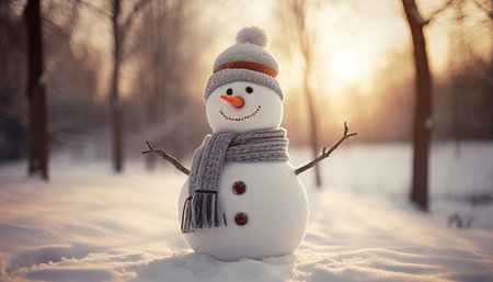 Funny snowman in winter forest. Christmas and New Year background.の素材