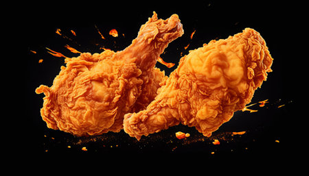 Fried chicken drumsticks isolated on black background. 3d renderingの素材
