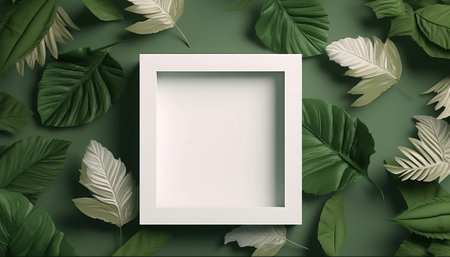 Creative layout made of tropical leaves and white frame on green background. Flat lay, top view minimal concept.の素材