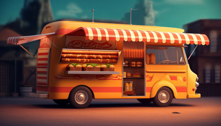 Food truck on the street. 3d illustration. Vintage style.の素材