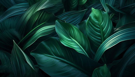 Dark green tropical leaves background. 3d rendering, 3d illustration.の素材