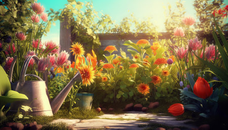 Gardening concept. Gardening tools and flowers in the gardenの素材