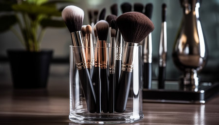 Makeup brushes in a glass jar on a wooden table background.の素材