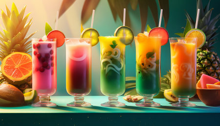 Set of tropical fruit cocktails on the green background. 3d illustrationの素材