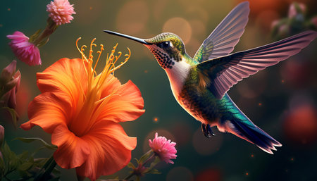 Hummingbird and flower. Collage with a bird and flowers.の素材