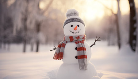 Snowman in winter forest at sunset. Christmas and New Year concept.の素材