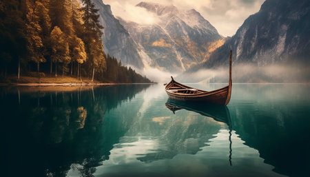 Fantastic view of beautiful lake with wooden boat. Dramatic scene.の素材