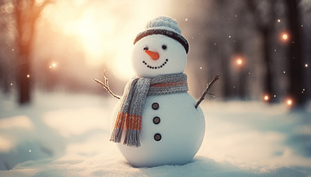 Snowman in winter forest. Christmas and New Year holidays background.の素材