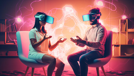 Young couple using virtual reality headset while sitting on chairs in office. Toned imageの素材