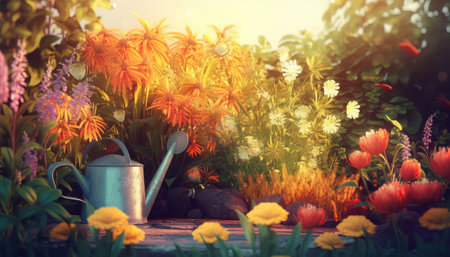 Watering can and flowers in garden at sunset. Gardening conceptの素材