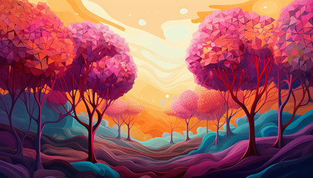 Autumn landscape with trees, hills and clouds. Vector illustration.の素材