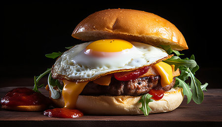 Cheeseburger with fried egg and arugula on wooden backgroundの素材
