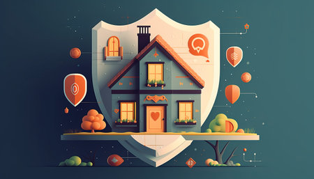 House with a shield on the background of the city. Vector illustrationの素材