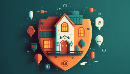 Flat design modern vector illustration concept of real estate or property investment, house in the shape of a shield.の素材