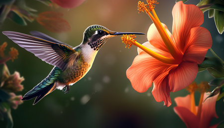 Hummingbird with orange hibiscus flower. 3D renderingの素材