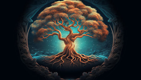 Fantasy landscape with tree. 3D illustration. Vintage style.の素材