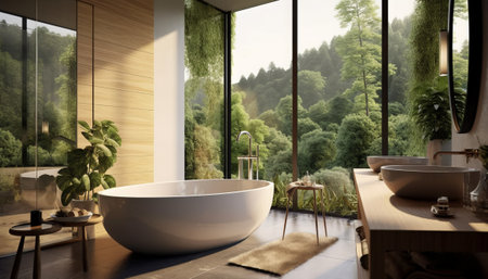 3d render of modern bathroom with panoramic view of countrysideの素材
