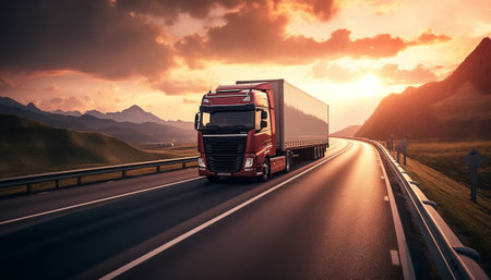Truck on the road at sunset. Transportation and logistics concept.の素材