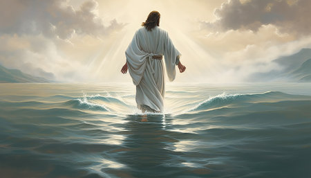 Jesus Christ in the sea, 3d rendering. Computer digital drawing.の素材
