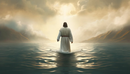 Rear view of a woman in a white robe standing in the sea.の素材