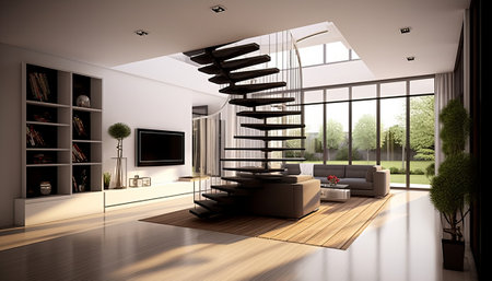 Interior of modern living room with stairway, 3D renderingの素材