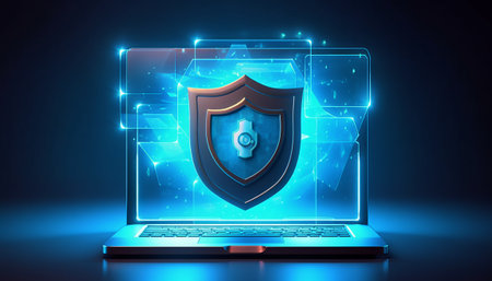 Laptop with security shield and padlock on blue background 3D renderingの素材
