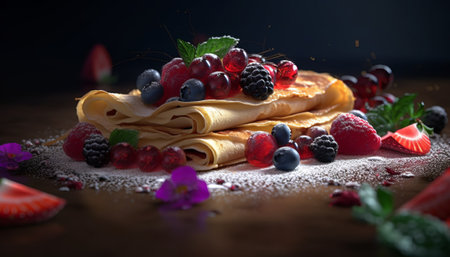 pancakes with fresh berries on a wooden table with black backgroundの素材