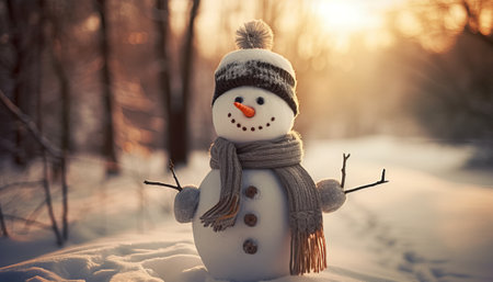 Snowman with scarf and hat in winter forest. Christmas and New Year concept.の素材