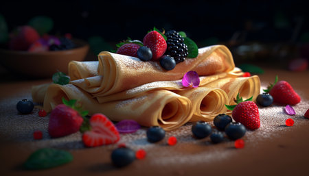 pancakes with berries on a wooden background. Selective focus.の素材