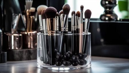 Makeup brushes in a glass jar on a table in a beauty salonの素材
