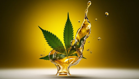 Cannabis leaf splashing from glass vase on yellow backgroundの素材