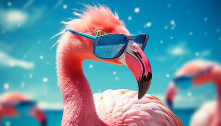 Flamingo wearing sunglasses on the background of the sea. Collage.の素材
