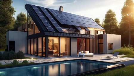 3d rendering of modern cozy house with pool and parking for sale or rent with beautiful landscaping on background. Clear summer evening with shiny sun.の素材
