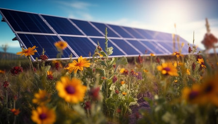 Solar panels and flowers in the field. Alternative energy source. Alternative energy concept.の素材