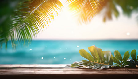 Tropical palm leaves on wooden table over blurred sea background. Summer vacation conceptの素材