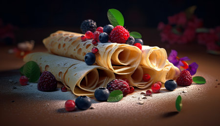 Pancakes with fresh berries on a dark background. Toned.の素材