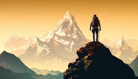 Hiker on the top of the mountain. Vector Illustration.の素材