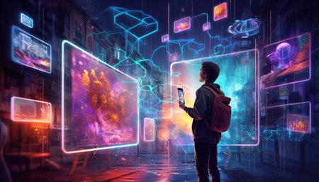 Back view of young man with backpack using mobile phone in abstract cityの素材
