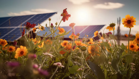 Solar panels and flowers in the field. Alternative energy source. Selective focus.の素材