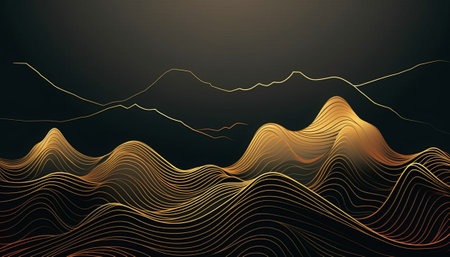 Abstract golden waves on dark background. Vector illustration for your design.の素材