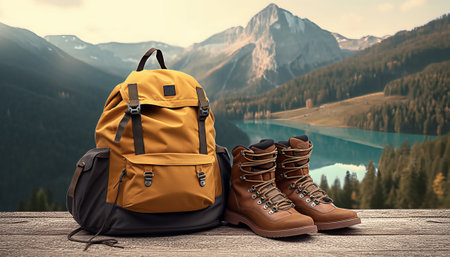 Hiking boots and backpack on a wooden surface with mountains in the backgroundの素材