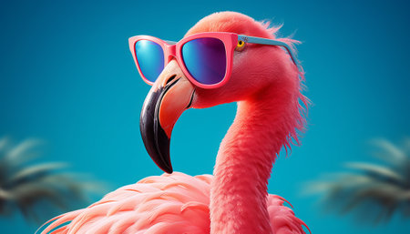 Flamingo wearing sunglasses on blue background. 3d illustration.の素材
