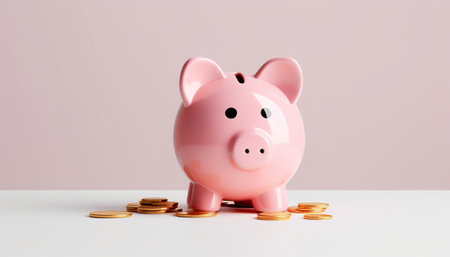 Pink piggy bank with coins on white table and pink background.の素材